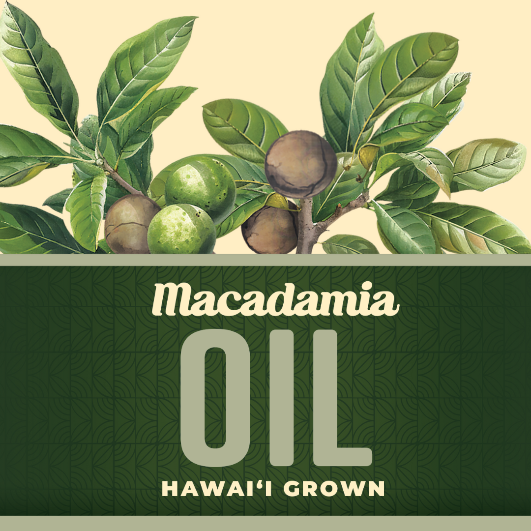 Advertisement for Macadamia Oil with macadamia nuts and leaves on a green background