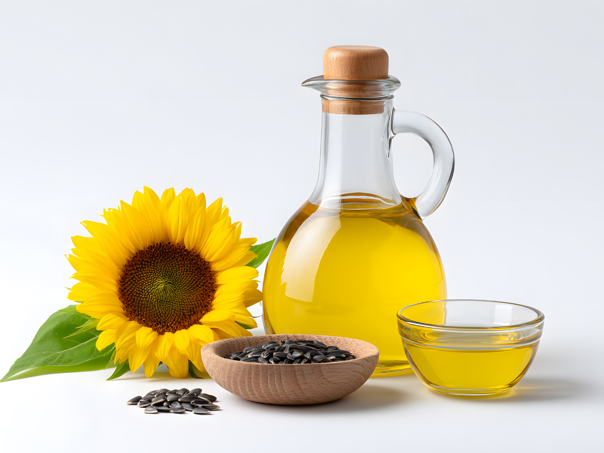 Sunflower, sunflower seeds, and a bottle of sunflower oil on a white background
